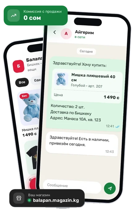 Витрина магазина «Балапан» на телефоне и заказ покупателя в WhatsApp, комиссия с продажи 0 сом, адрес balapan.magazin.kg